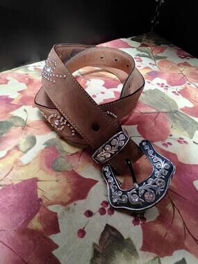 Ladies Justin Brown Suede Western Belt Silver Studding Larger Size